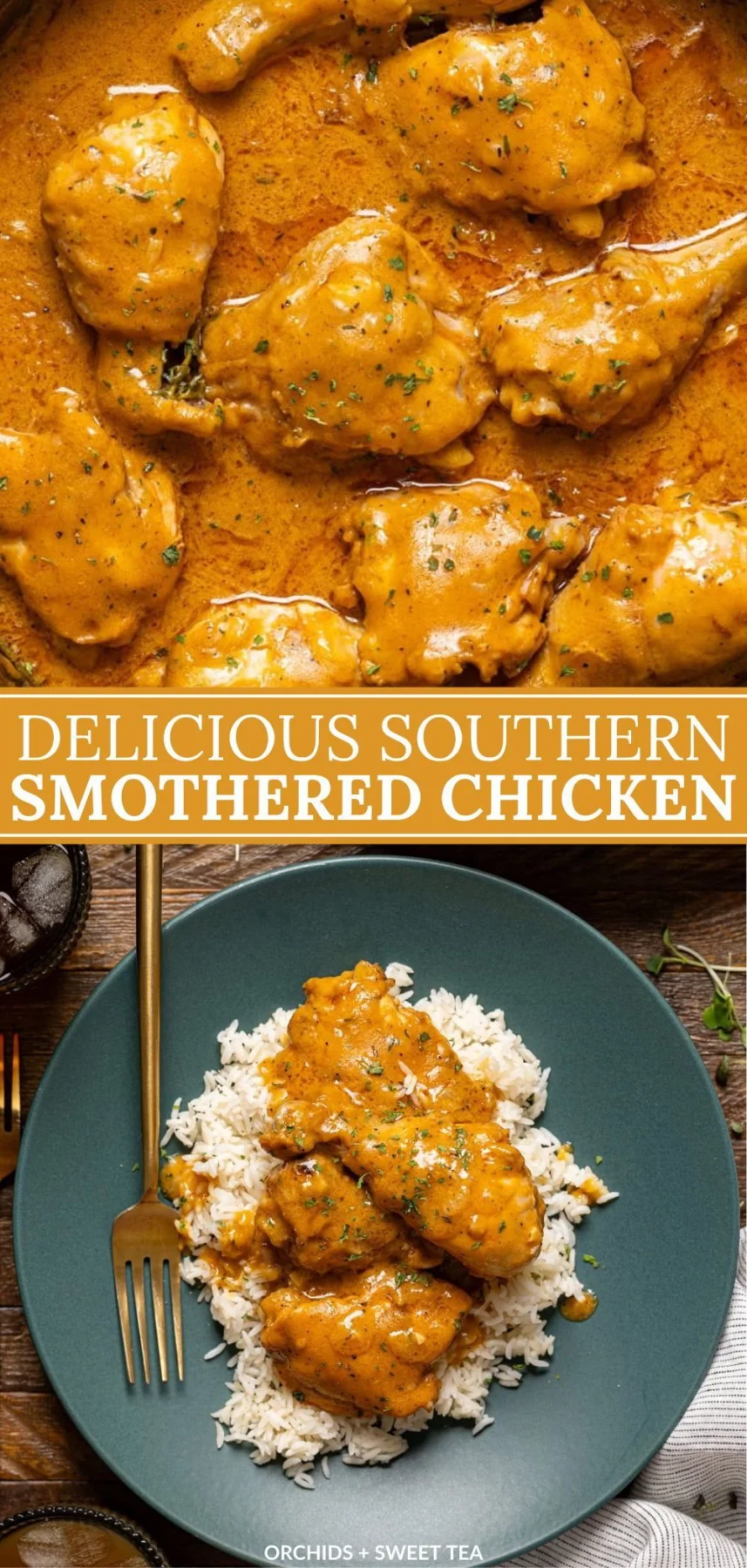 Golden-brown smothered chicken in creamy gravy on fluffy white rice with a fork and parsley garnish.
