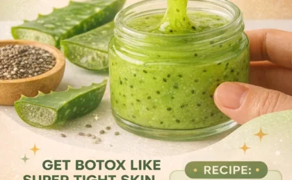Homemade natural tightening night cream in a glass jar with aloe vera and chia seeds on a wooden surface