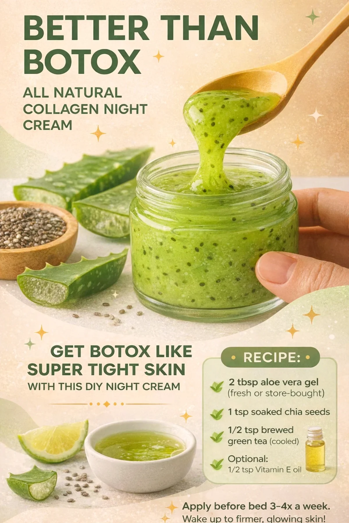 Homemade natural tightening night cream in a glass jar with aloe vera and chia seeds on a wooden surface