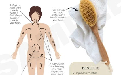 A person demonstrating dry brushing on the arm with a natural bristle brush, showing gentle strokes on skin.