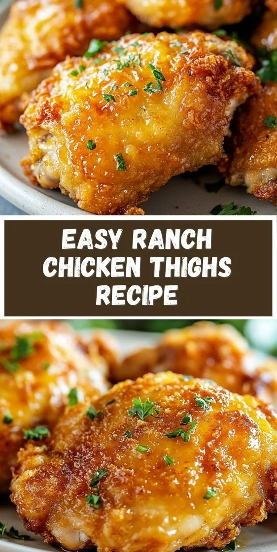 Golden brown baked ranch chicken thighs with crispy skin and fresh parsley on a platter