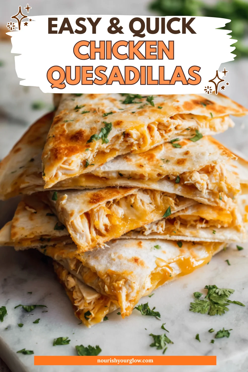 Stack of golden crispy chicken quesadillas with melted cheese and shredded chicken topped with fresh green cilantro on a.
