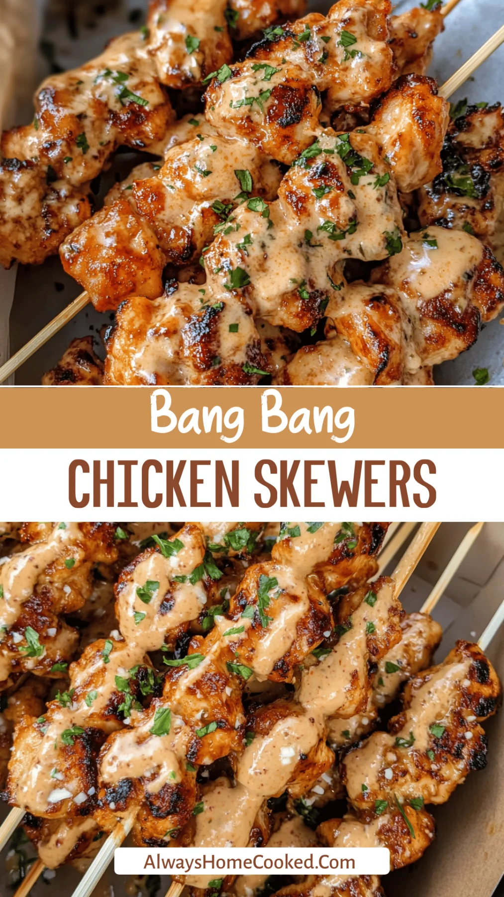 Grilled chicken skewers coated in a creamy reddish-brown bang bang sauce, garnished with chopped green herbs on a serving.
