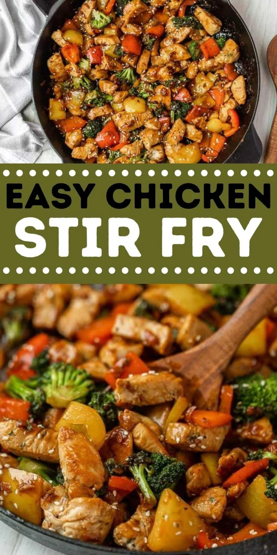 Easy chicken stir fry cooking in a black cast iron skillet with chicken, broccoli, bell peppers, and diced potatoes.