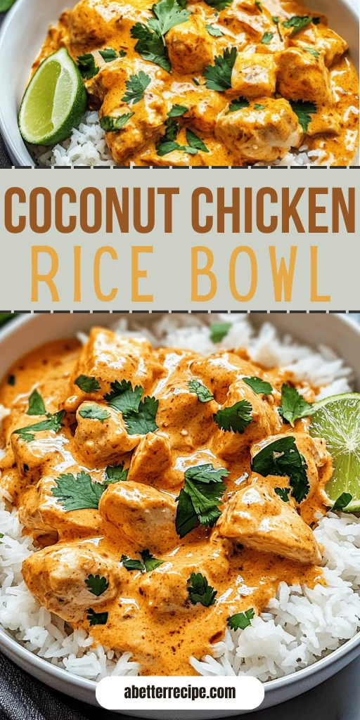 Overhead view of a coconut chicken rice bowl with creamy orange sauce, cilantro, and a lime wedge on white rice.