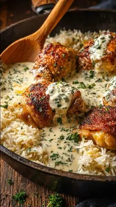 Cast-iron skillet with browned chicken pieces and white rice in a creamy sauce, garnished with chopped green herbs and a.