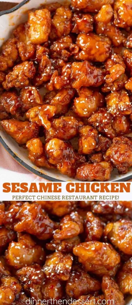 Glossy crispy sesame chicken pieces in a skillet, coated in reddish-orange sesame sauce on a wooden cutting board.