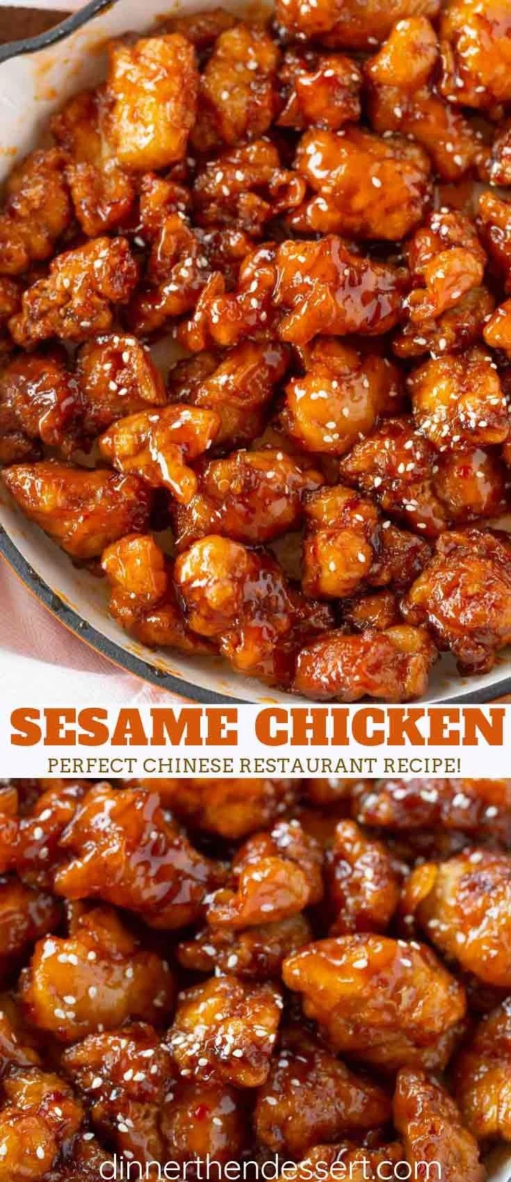 Glossy crispy sesame chicken pieces in a skillet, coated in reddish-orange sesame sauce on a wooden cutting board.