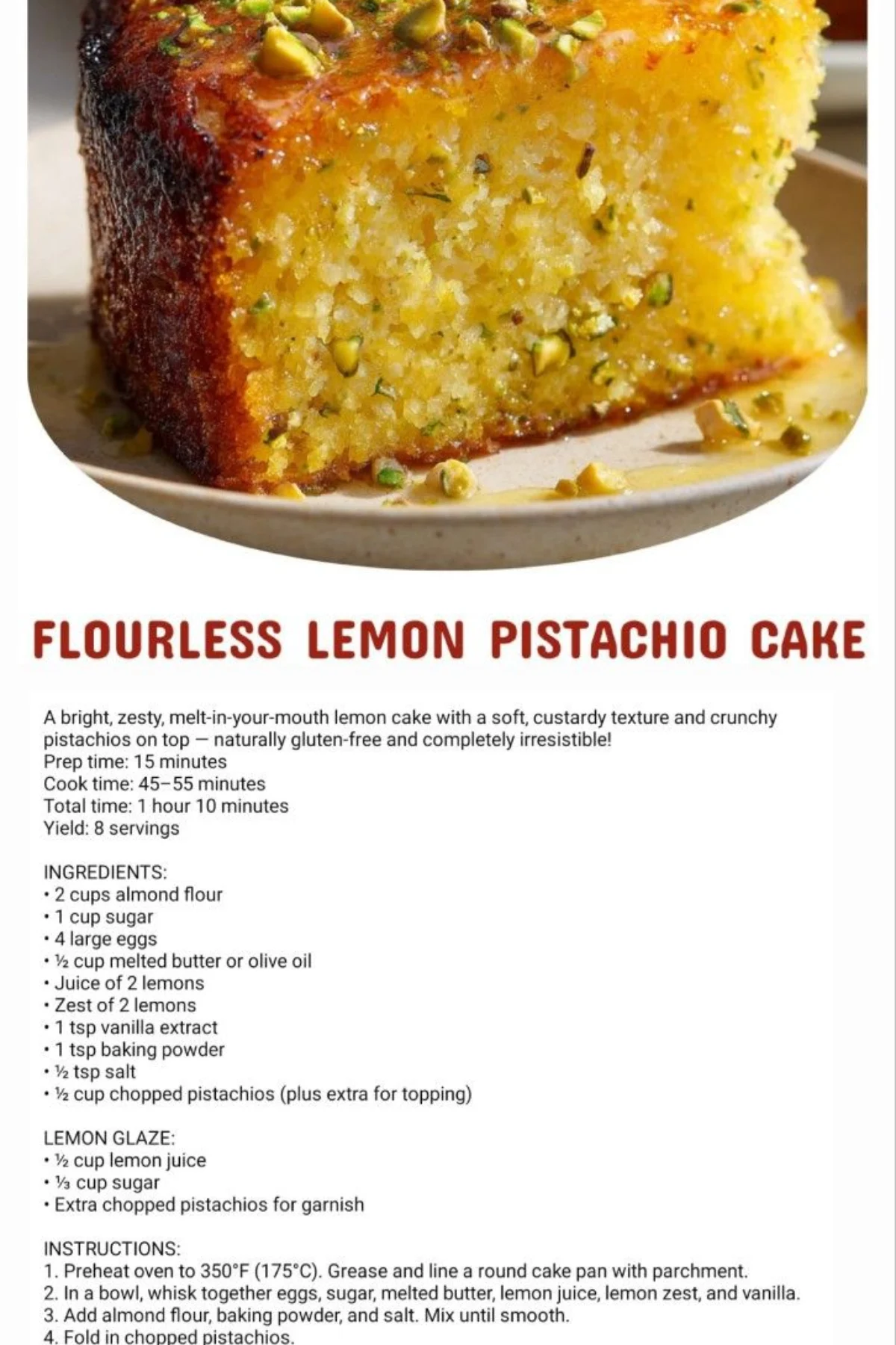A golden flourless lemon pistachio cake on a rustic plate with pistachio garnish