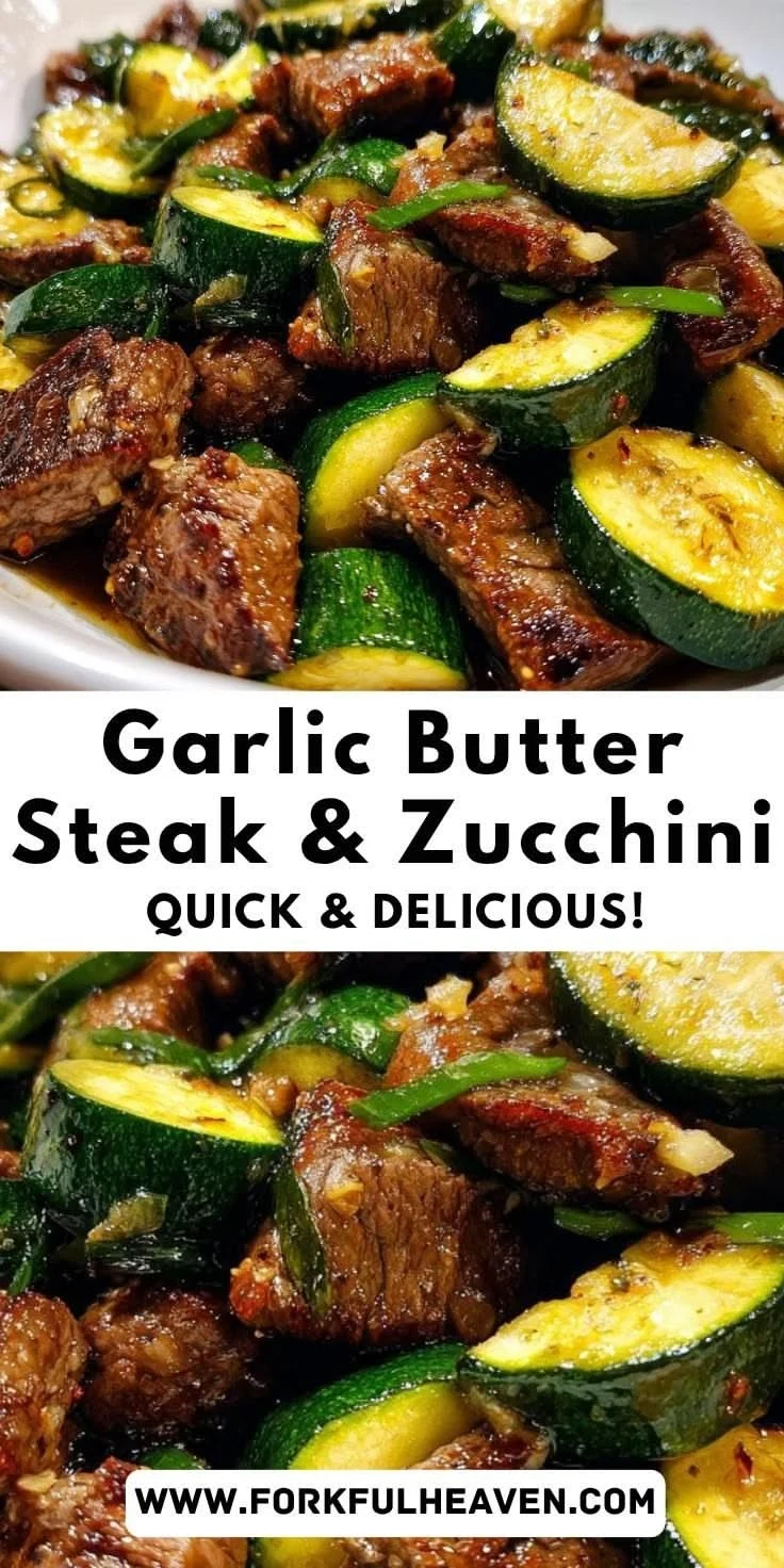 Seared steak pieces and thick zucchini rounds coated in a glossy garlic butter sauce on a white plate.
