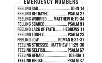 Vinyl sticker titled Bible Emergency Numbers listing emotions and corresponding Bible verses for spiritual support.