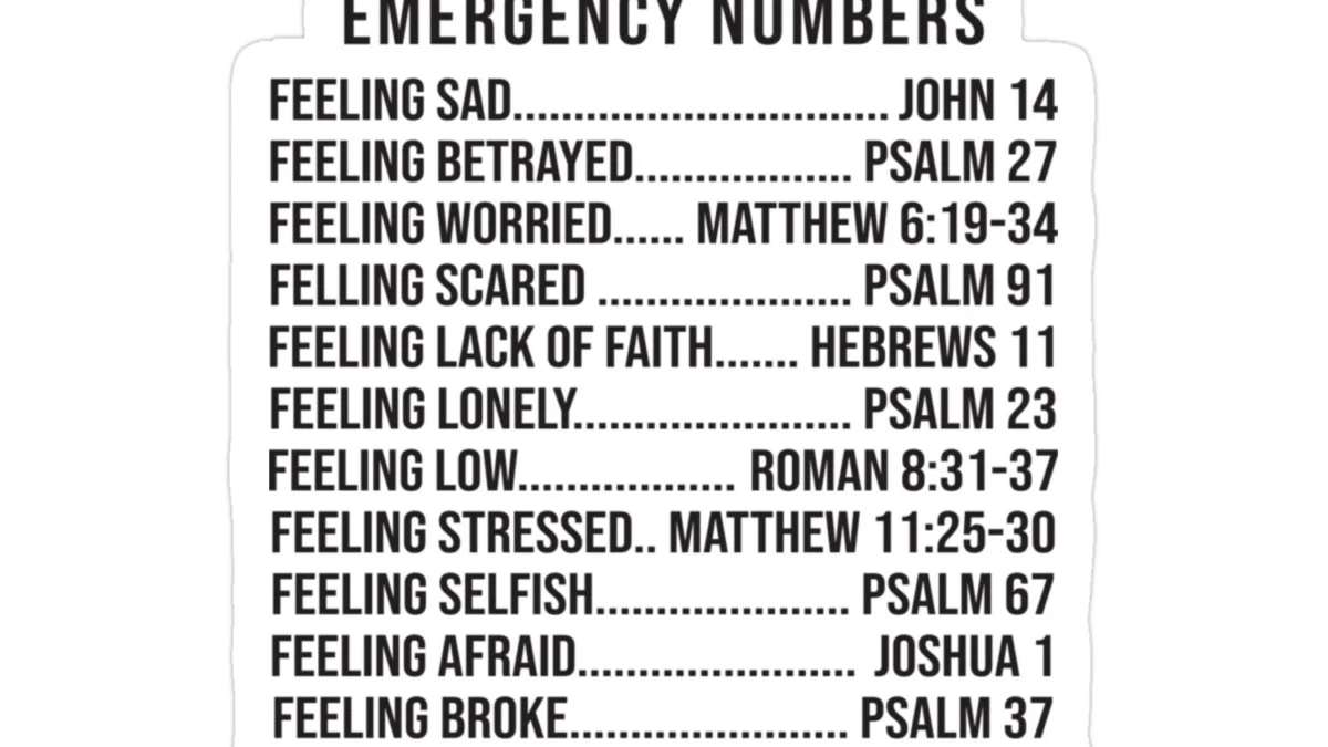 Vinyl sticker titled Bible Emergency Numbers listing emotions and corresponding Bible verses for spiritual support.