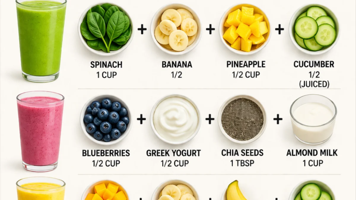 Seven colorful fat-burning smoothies in glasses with ingredients listed
