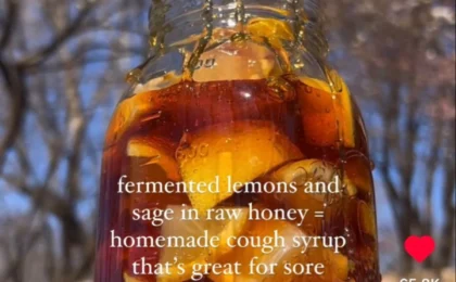 Glass jar of sliced fermented lemons and fresh sage leaves submerged in golden honey on a wooden table.