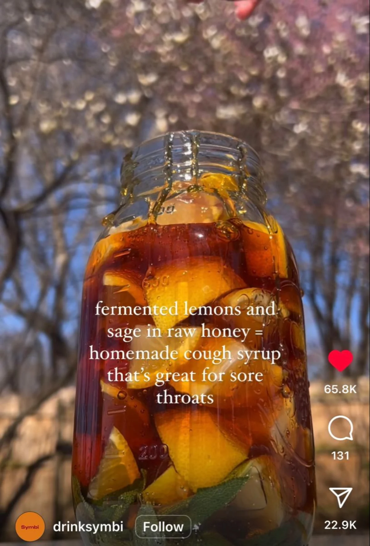 Glass jar of sliced fermented lemons and fresh sage leaves submerged in golden honey on a wooden table.