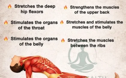 Woman practicing yoga Fish Pose on a mat, arching her back with the crown of her head lightly touching the floor.
