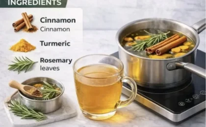 A steaming mug of golden cinnamon turmeric tea with a cinnamon stick and star anise on a wooden surface.