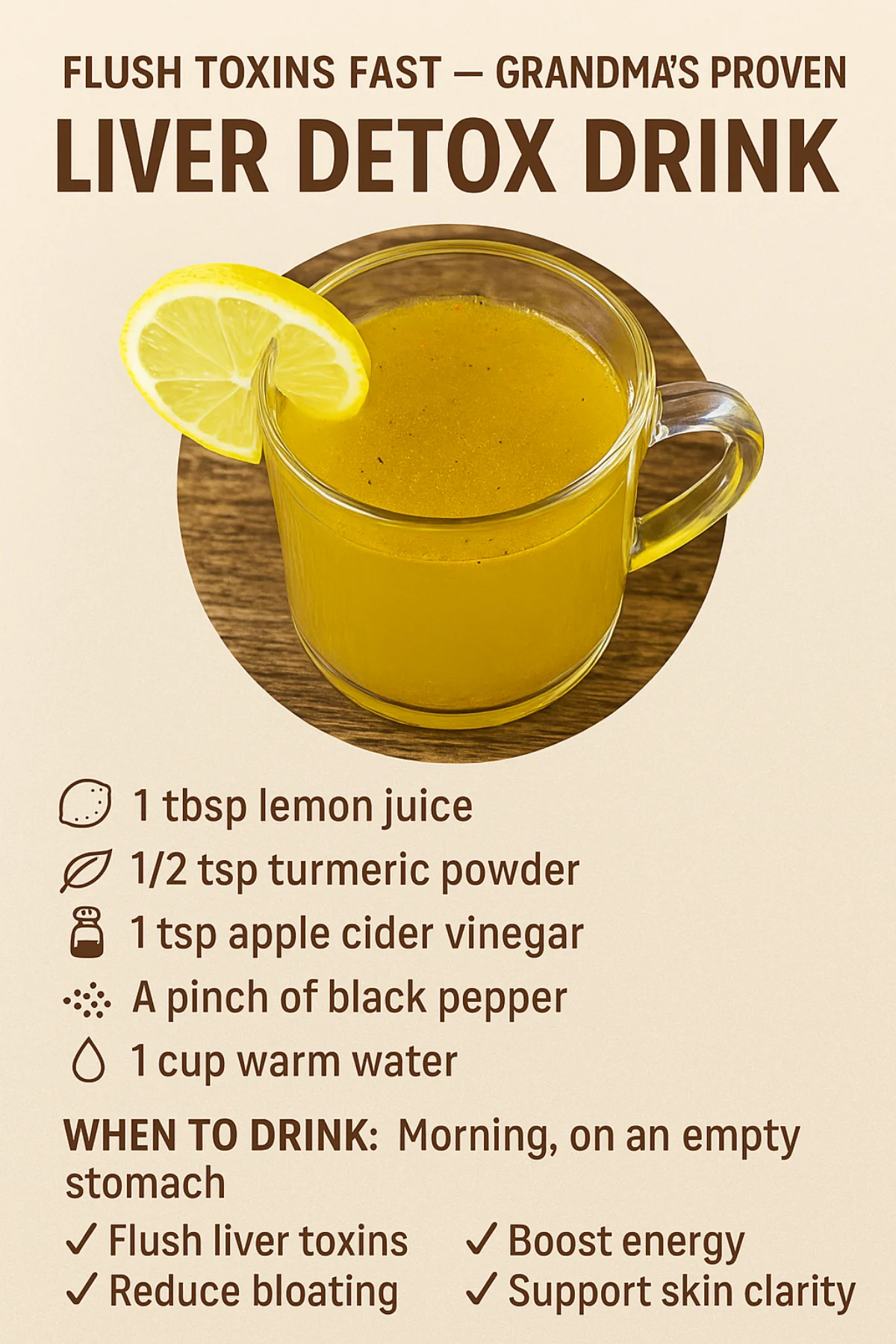 A steaming mug of golden herbal detox tea beside fresh lemon slices and a cinnamon stick on a rustic wooden table.