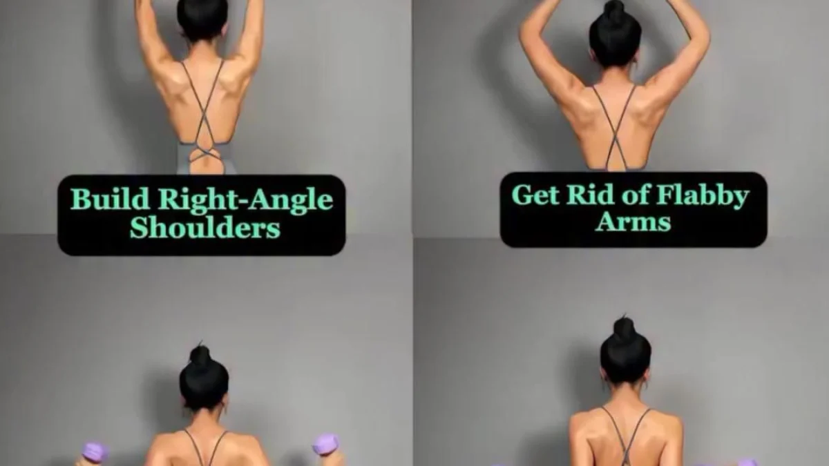 A woman demonstrating dumbbell exercises to sculpt shoulders and arms
