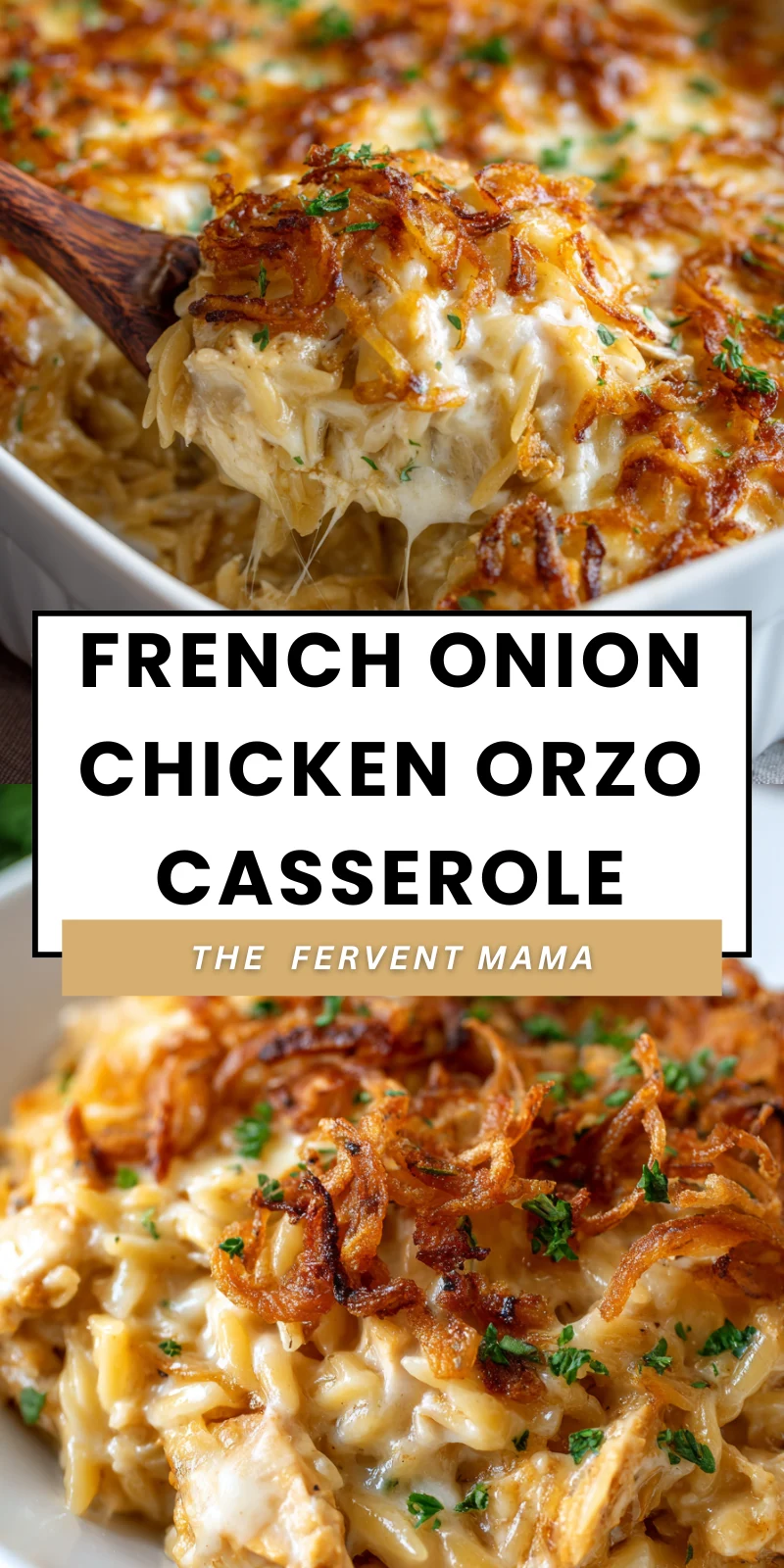 White casserole dish with golden melted cheddar cheese, caramelized onions, and a wooden spoon lifting orzo pasta and.