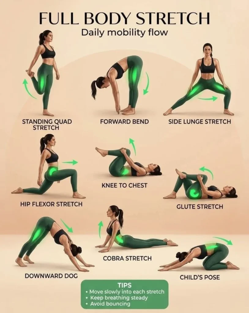 A person gracefully performing various stretches as part of a full body mobility exercise.