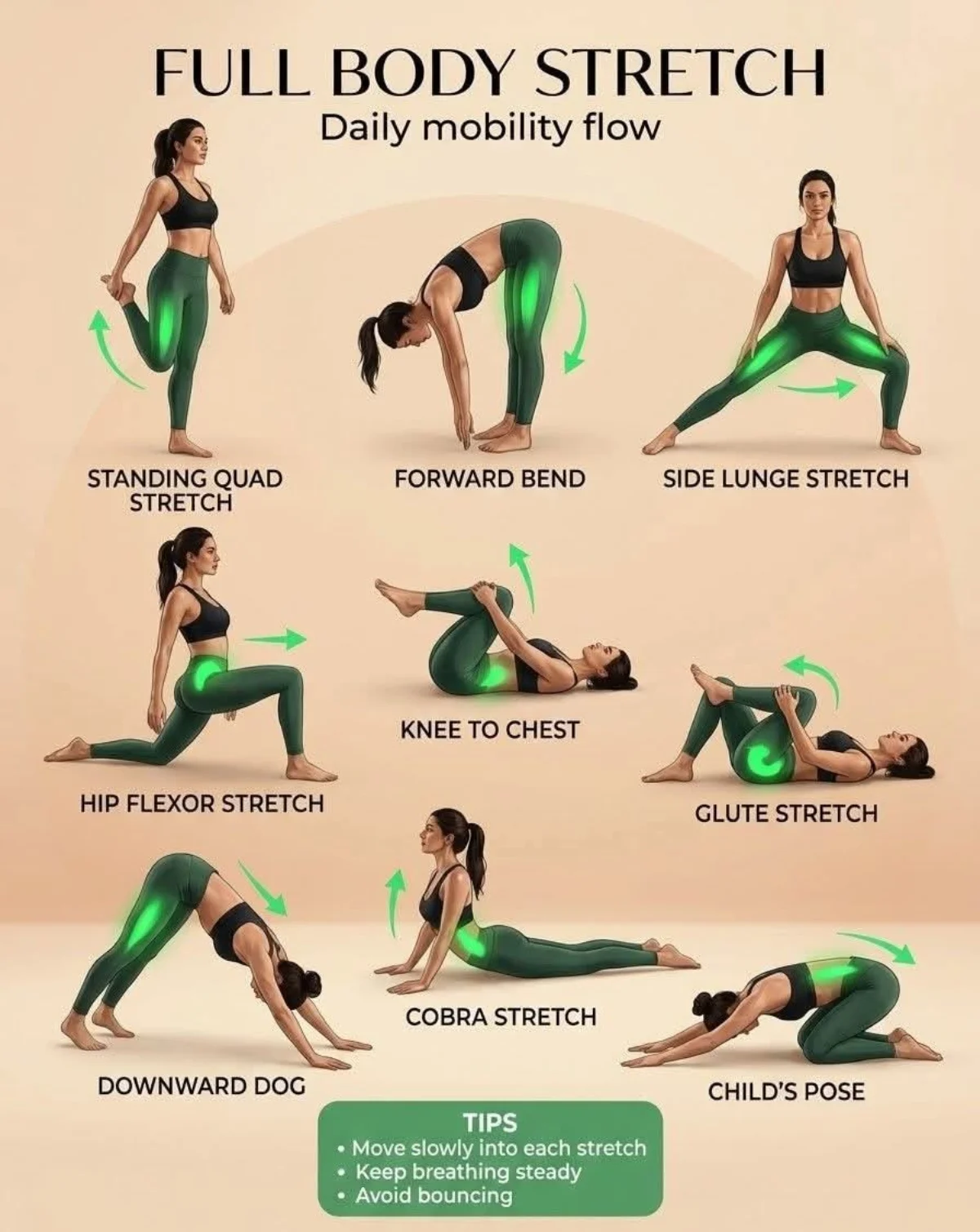 A person gracefully performing various stretches as part of a full body mobility exercise.