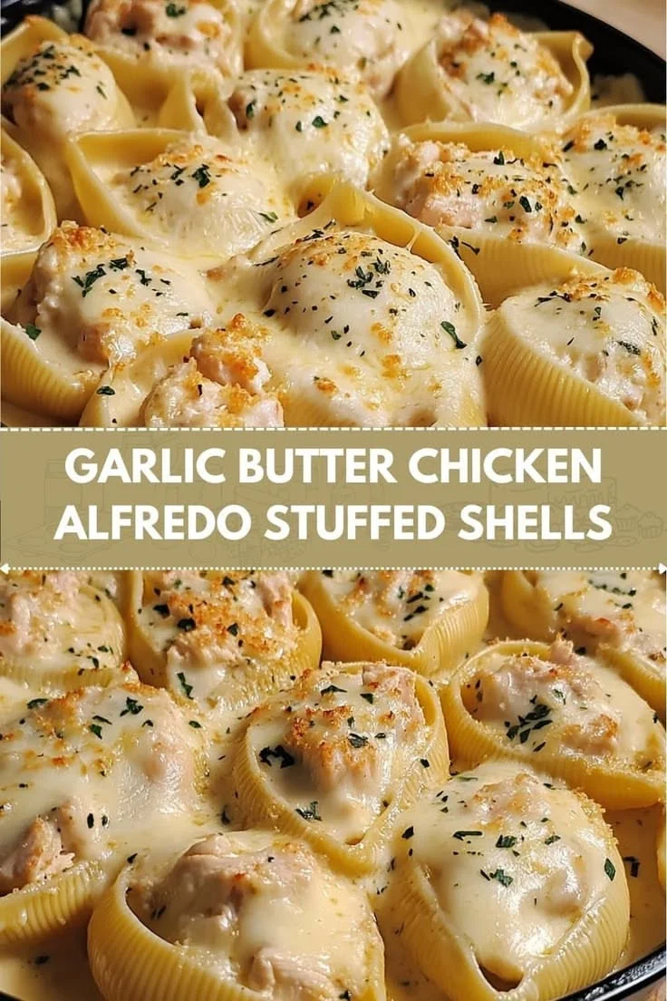 Baked casserole dish of garlic butter chicken Alfredo stuffed shells topped with golden sauce and parsley