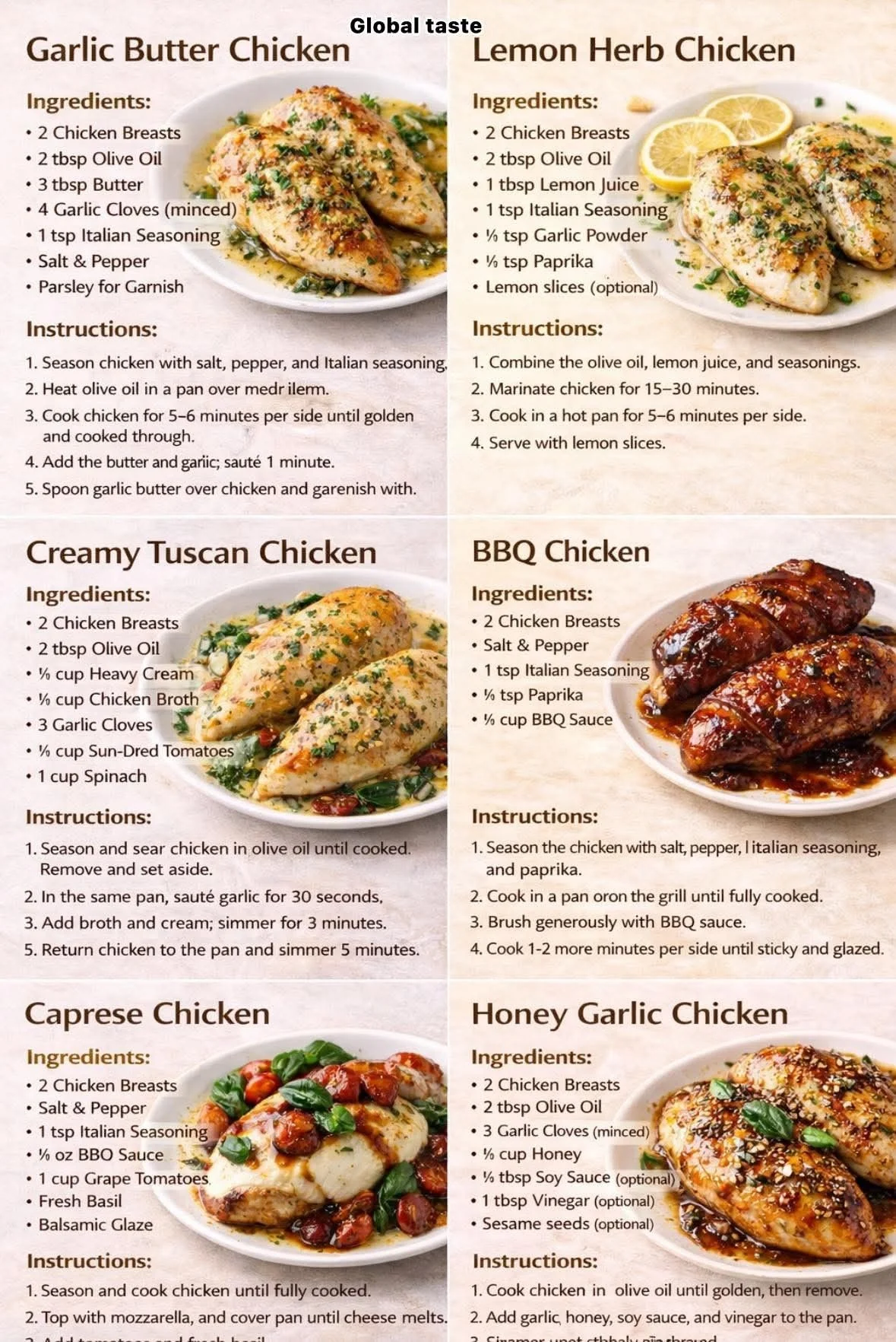 Four skillet chicken recipes including garlic butter chicken with lemon wedges and parsley on a white background.