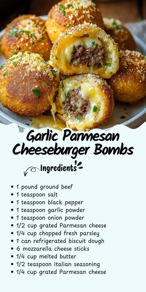 Golden-brown Garlic Parmesan Cheeseburger Bombs on a plate, filled with beef, mozzarella, and Parmesan.