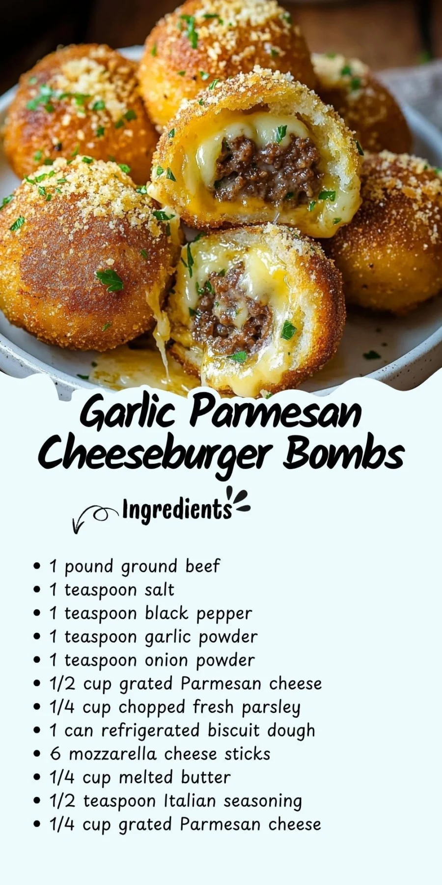 Golden-brown Garlic Parmesan Cheeseburger Bombs on a plate, filled with beef, mozzarella, and Parmesan.