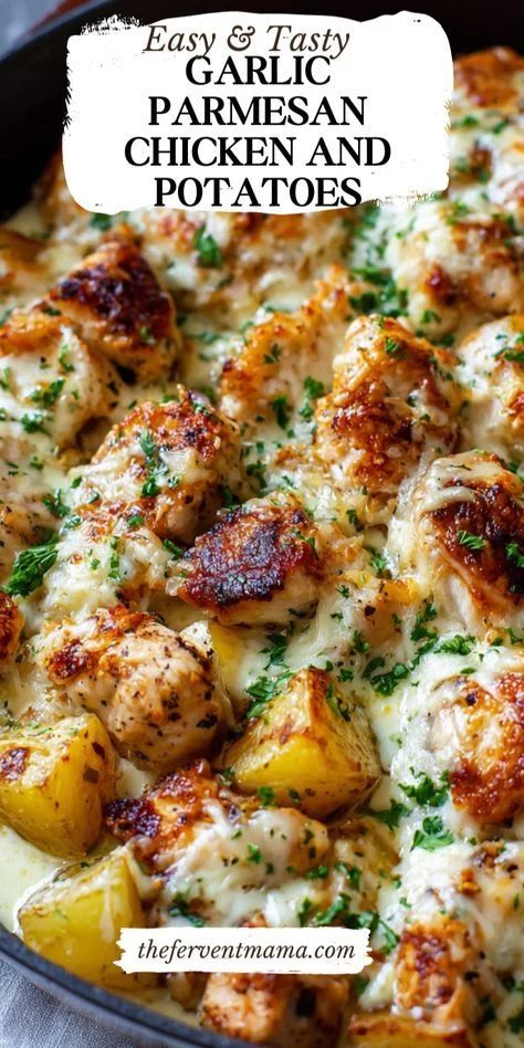 Baked chicken and golden potato chunks in creamy garlic parmesan sauce, topped with parsley in a cast-iron skillet.