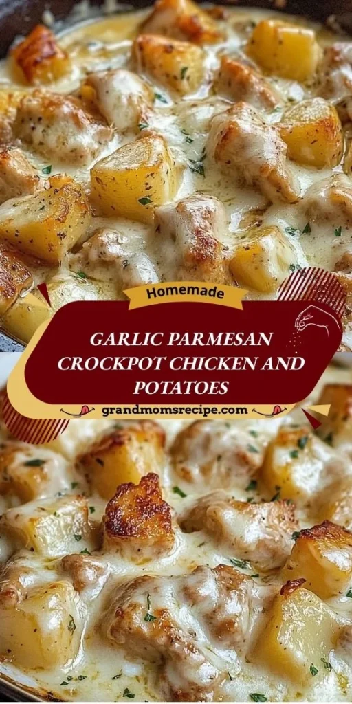 Slow cooker filled with creamy garlic Parmesan chicken and golden diced potatoes, garnished with fresh parsley.