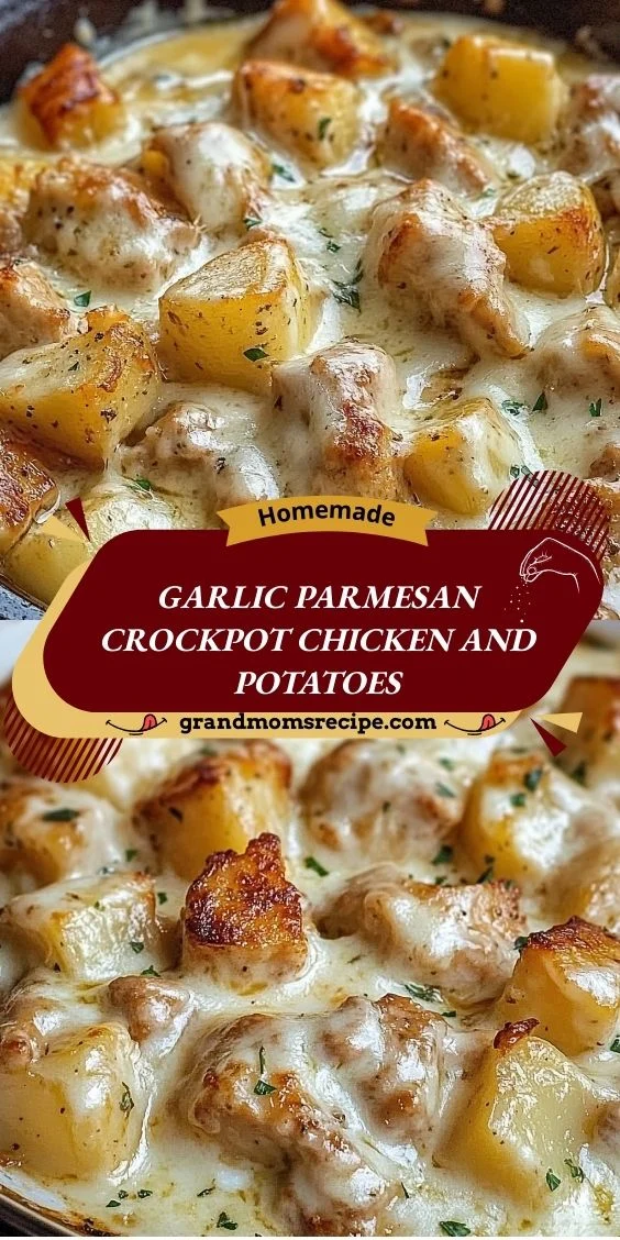 Slow cooker filled with creamy garlic Parmesan chicken and golden diced potatoes, garnished with fresh parsley.