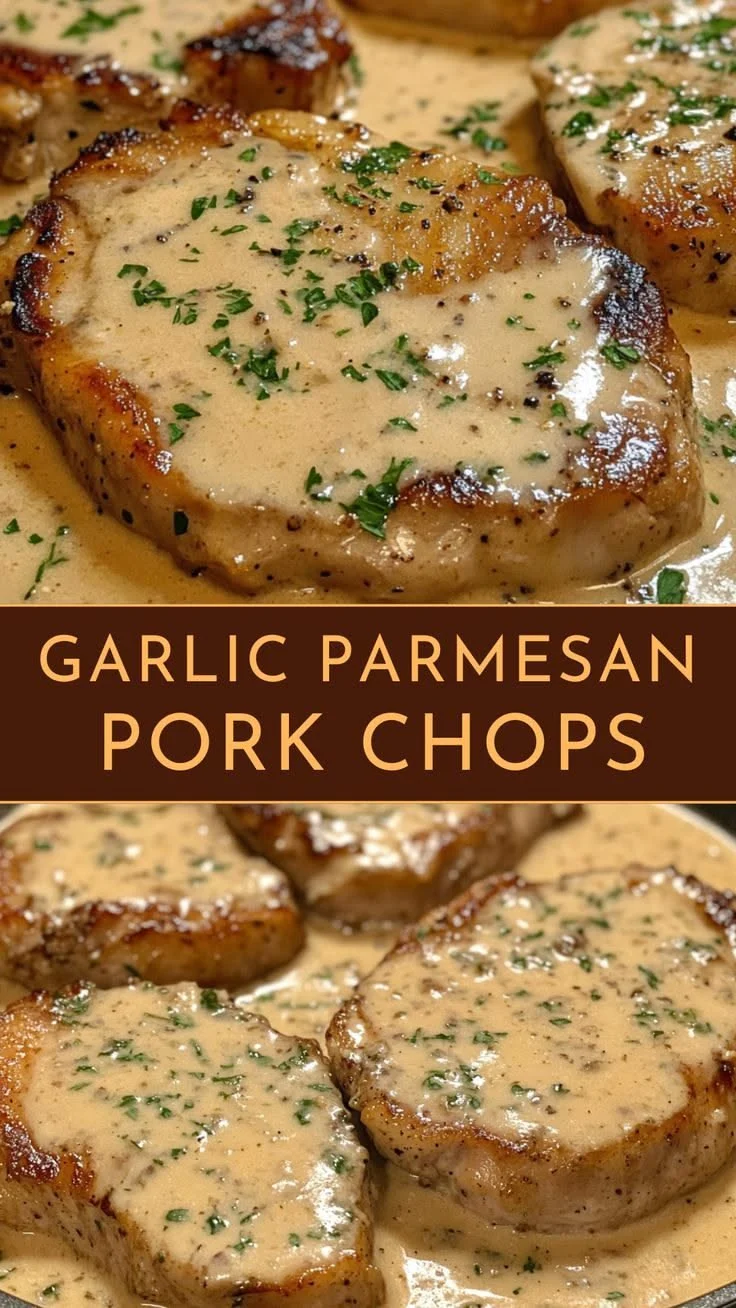 Golden pork chops coated in creamy garlic parmesan sauce, garnished with fresh parsley.
