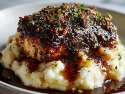Glazed Garlic Herb Chicken Breast Over Creamy Mashed Potatoes with Pan Sauce