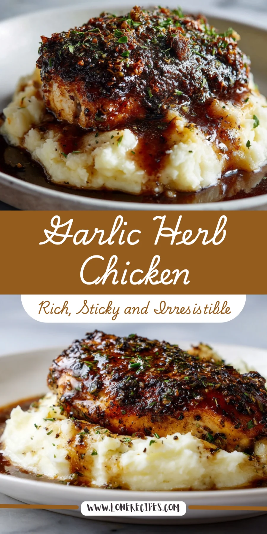 Two plates of glazed garlic herb chicken breast over creamy mashed potatoes drizzled with rich brown pan sauce and garnished.