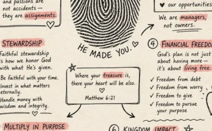 Visual guide titled God's Financial Plan for Your Life showing six principles with a central fingerprint icon and descriptive.