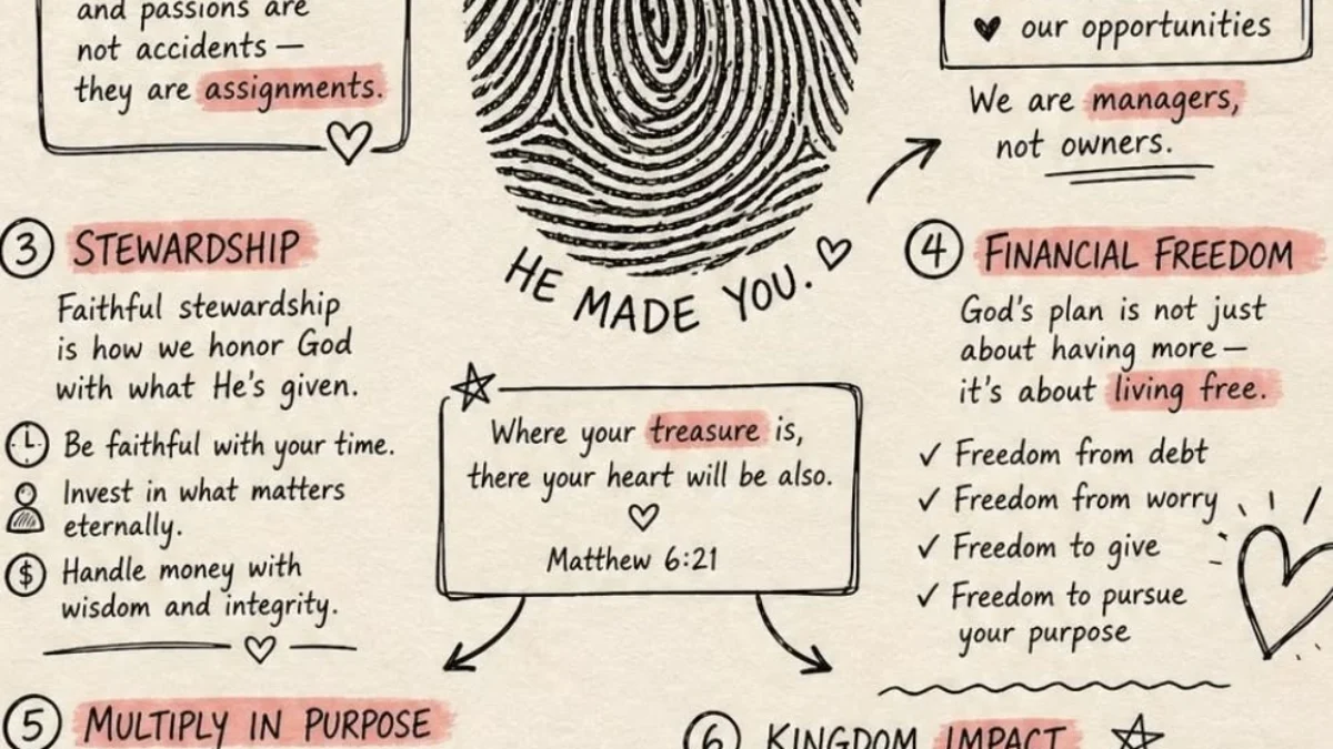 Visual guide titled God's Financial Plan for Your Life showing six principles with a central fingerprint icon and descriptive.