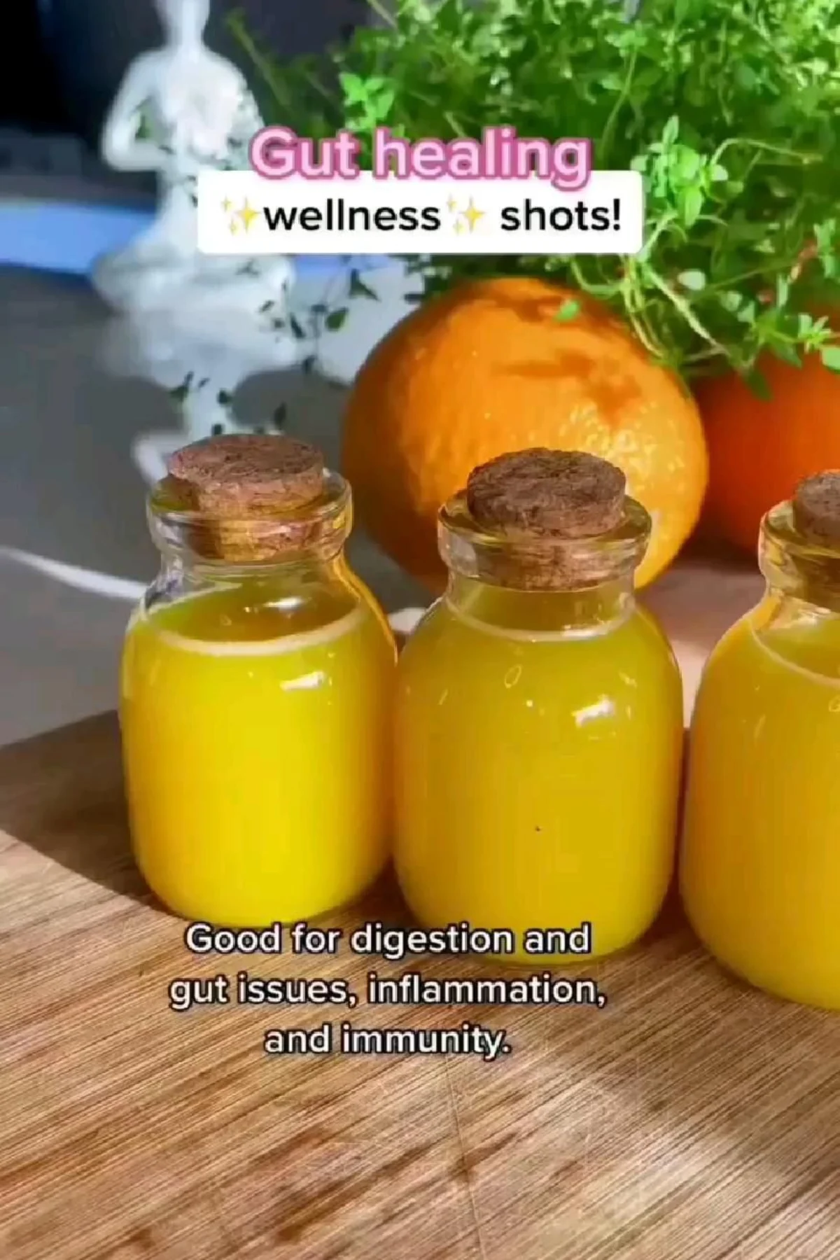 A vibrant collection of citrus wellness shots in small glasses, representing natural remedies for gut health.