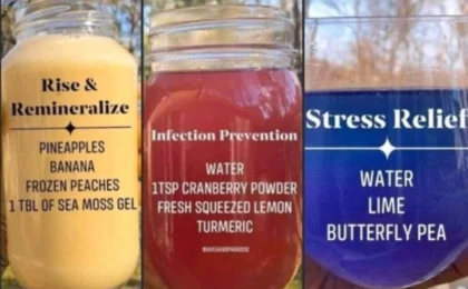 Collage of colorful healthy drink ingredients and finished beverages.