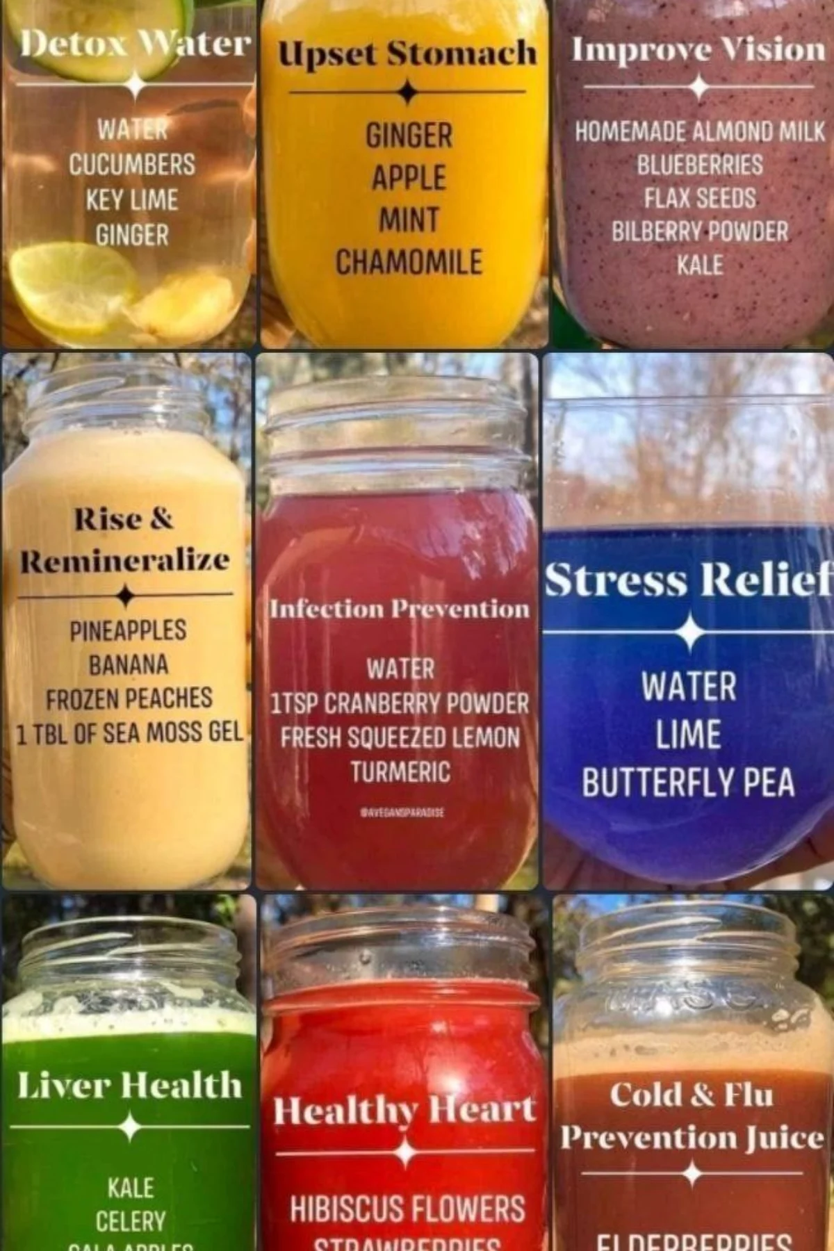 Collage of colorful healthy drink ingredients and finished beverages.