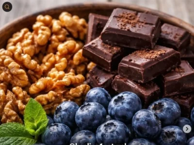Healthy snack: walnuts, dark chocolate, blueberries