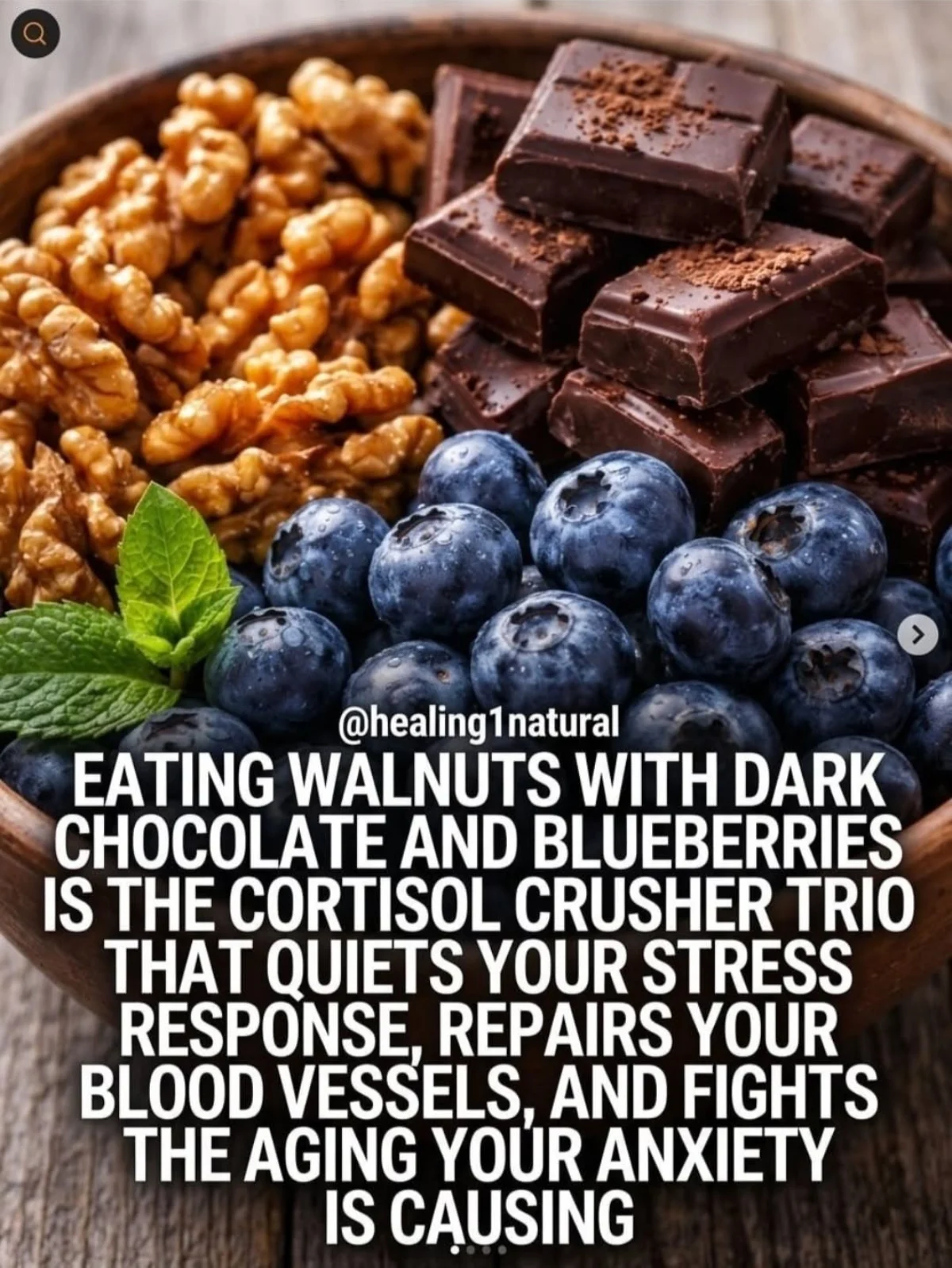 A small white bowl filled with fresh blueberries, dark chocolate chunks, and walnut halves on a light wooden table.