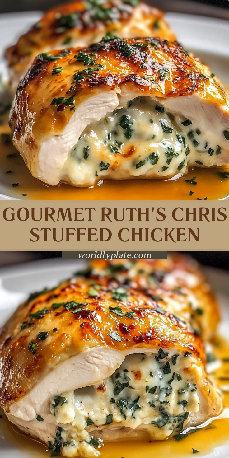 Two plates of gourmet Ruths Chris stuffed chicken with a creamy cheesy herb filling, roasted golden brown and drizzled with a.