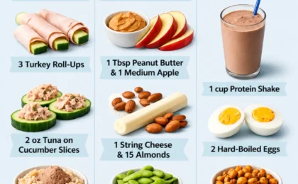 Variety of high protein snacks arranged attractively