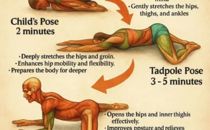 Person in a wide-knee frog stretch on a mat, resting on forearms with spine long, surrounded by yoga props.