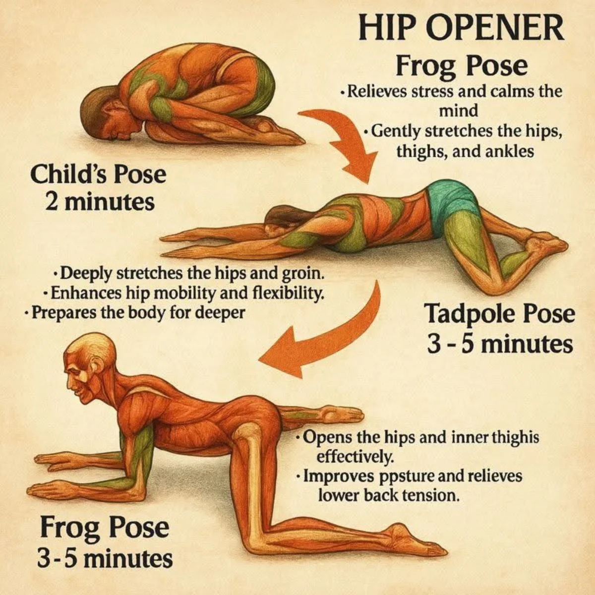Person in a wide-knee frog stretch on a mat, resting on forearms with spine long, surrounded by yoga props.