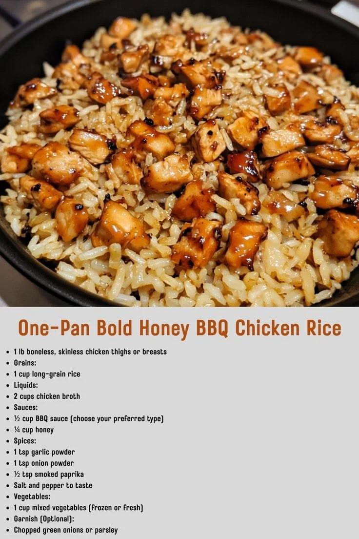 One-pan Honey BBQ Chicken Rice in a black skillet, with chicken pieces and rice coated in a reddish-brown glaze.