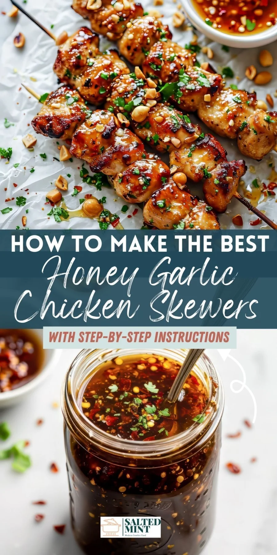 Honey garlic chicken skewers on parchment paper with chopped peanuts, parsley, and a bowl of honey garlic butter sauce.