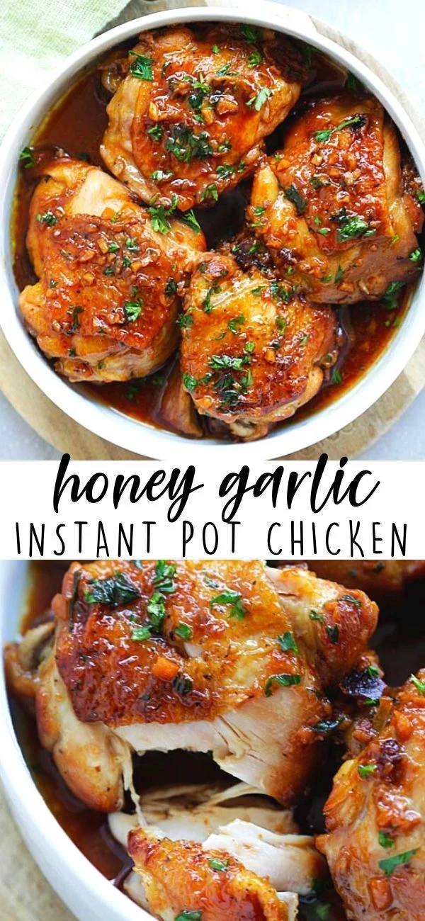 Glazed honey garlic instant pot chicken thighs in a bowl garnished with fresh parsley on a wooden surface.